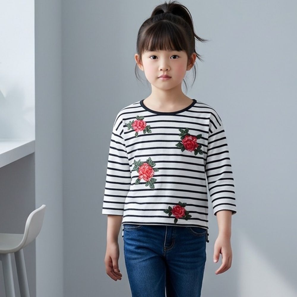 NWOT Forever 21 Girls Child Black White Striped Floral Long Sleeve Top - Size M
